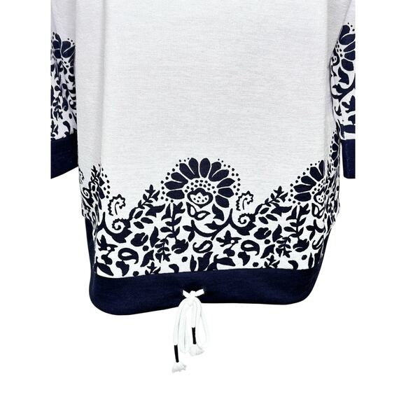 T by Talbots White Navy Floral Paisley Drawstring Hem 3/4 Sleeve Top - Picture 3 of 7